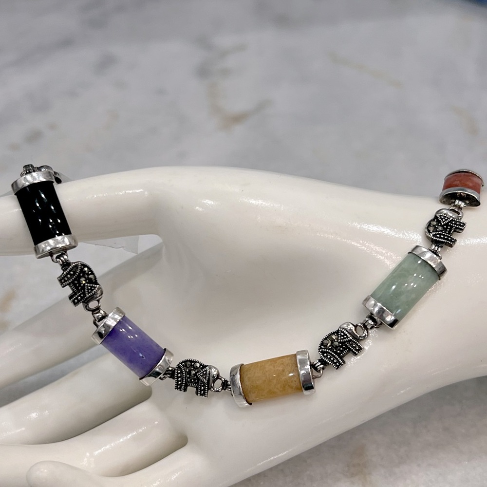 Burmese Multicolor Jade Bar Sterling Silver Elephant Charm Spacer Bracel…